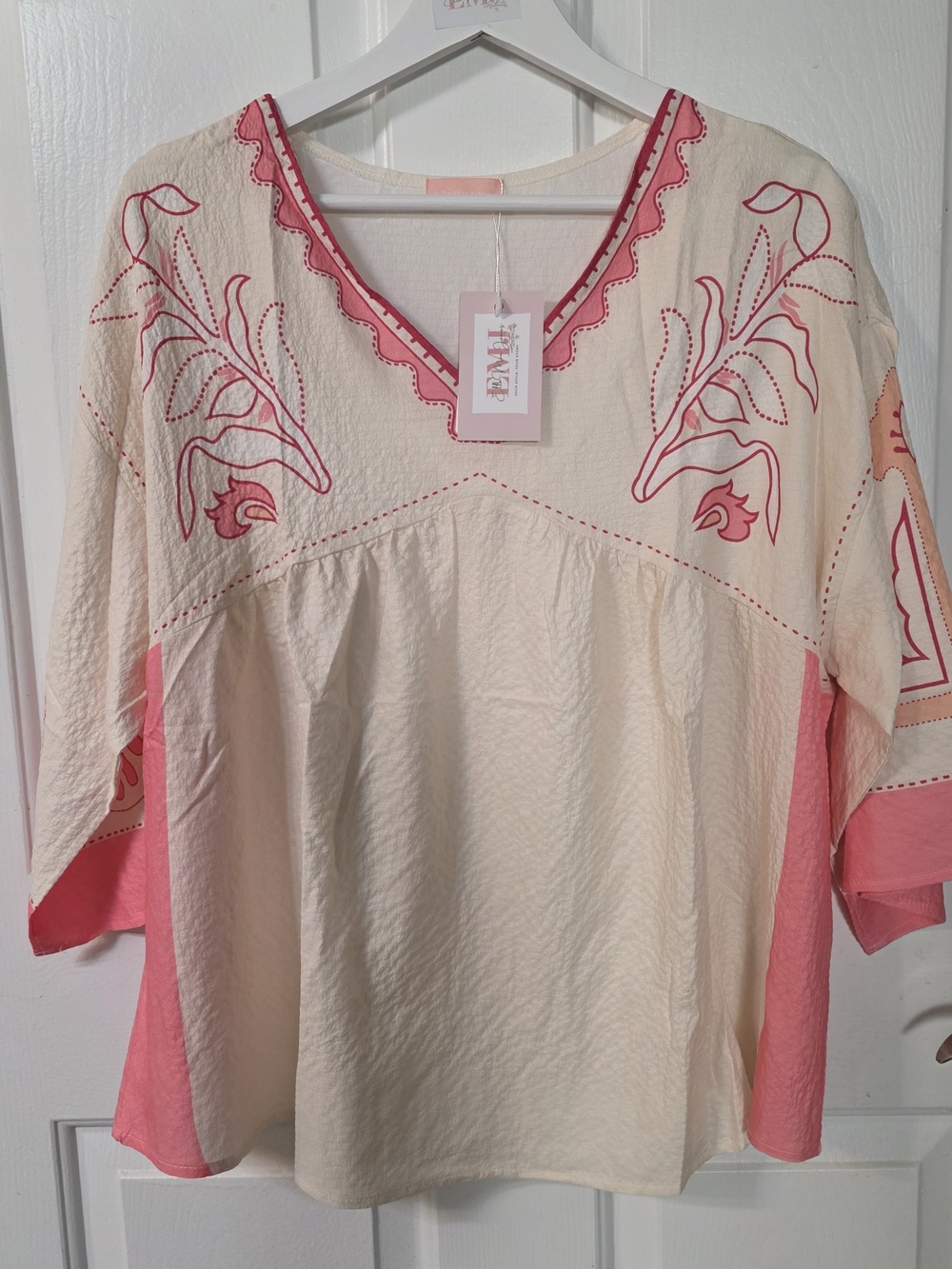 Embroidered V-Neck Tunic Top in Cream and Coral